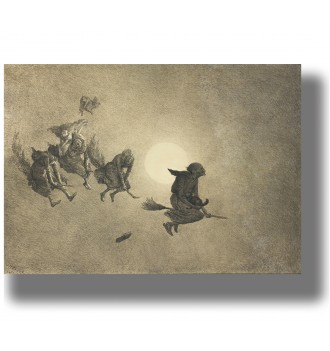 Painting of witches flying on broomsticks across the moonlit sky in a dark sabbath scene.