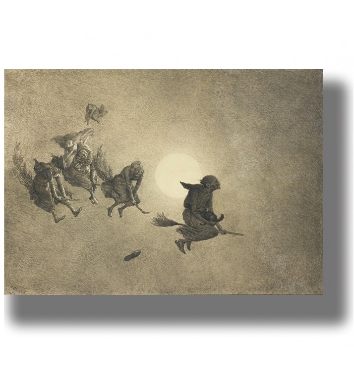 Painting of witches flying on broomsticks across the moonlit sky in a dark sabbath scene.