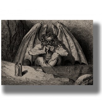 Black and white Gustave Doré illustration of Lucifer in Inferno devouring sinners with Dante and Virgil nearby.
