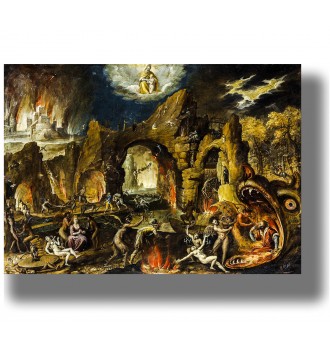 Infernal scene with burning ruins, demons, monsters, and human figures in a dark landscape.