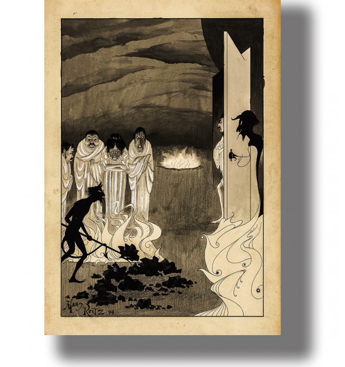 Dark print of devils tormenting sinners in hell while frightened figures stand near a pit of fire.