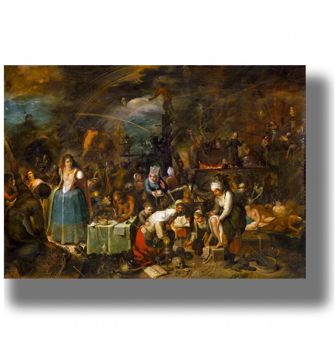 Old Flemish painting showing a gathering of witches with demons, magic books, skulls, and ritual tools.
