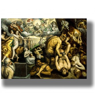 Religious painting of the Last Judgement with angels, naked souls, demons, and hellfire.