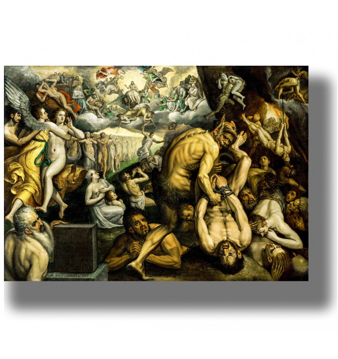 Religious painting of the Last Judgement with angels, naked souls, demons, and hellfire.