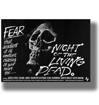 Night of the Living Dead image showing a large skull on a black background with white handwritten title and fear tagline