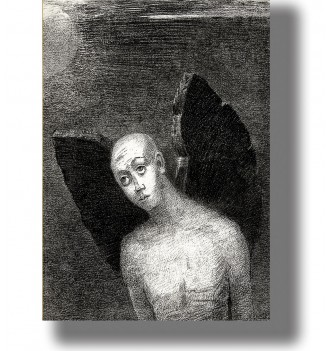 Symbolist artwork of a pale winged figure with large black wings in a dark background.