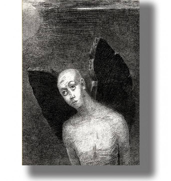 Symbolist artwork of a pale winged figure with large black wings in a dark background.