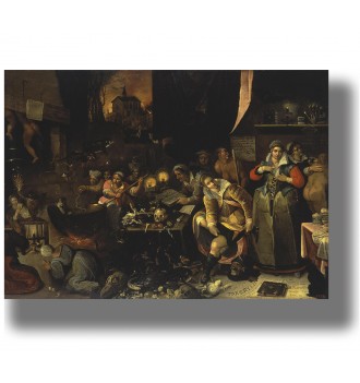Painting of witches and demons gathered in a dark kitchen with cauldron, skulls, books, and ritual objects.