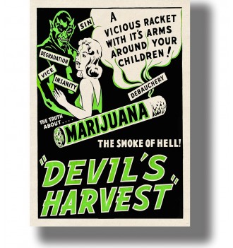 Vintage anti-drug poster about marijuana with a green devil, woman, and bold black lettering.