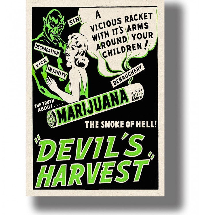 Vintage anti-drug poster about marijuana with a green devil, woman, and bold black lettering.