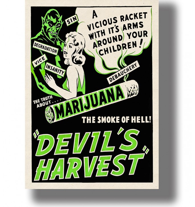 Vintage anti-drug poster about marijuana with a green devil, woman, and bold black lettering.