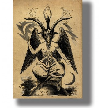 Occult illustration of Baphomet with goat head, wings, pentagram, and crescent moons.