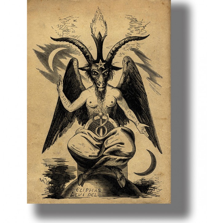 Occult illustration of Baphomet with goat head, wings, pentagram, and crescent moons.