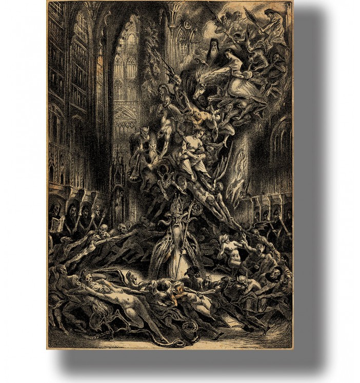 occult engraving showing a witches’ sabbath with demons, nude figures, and the Devil in a cathedral-like hall.