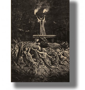 Old illustration showing a goat presiding over a witches’ sabbath with dancing witches, torches, bats, and demons.
