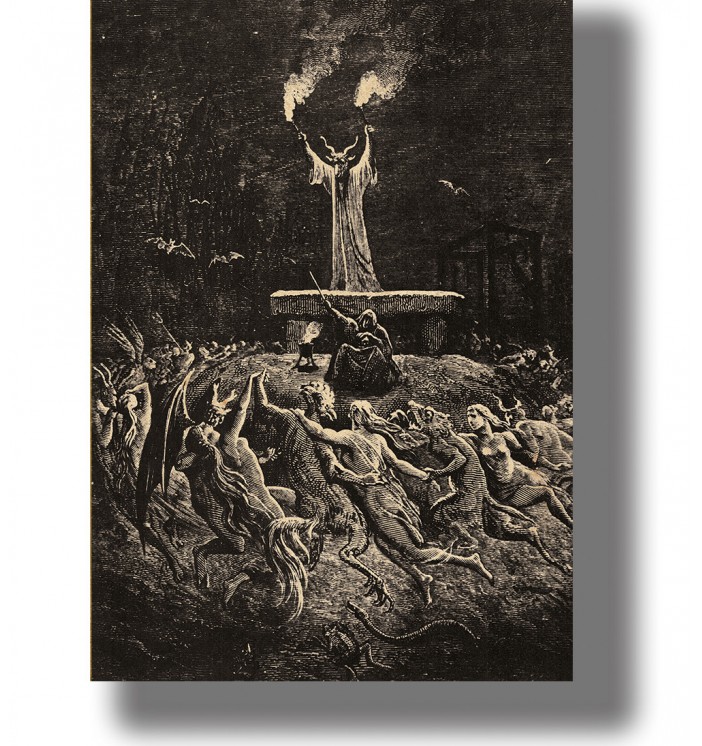 Old illustration showing a goat presiding over a witches’ sabbath with dancing witches, torches, bats, and demons.