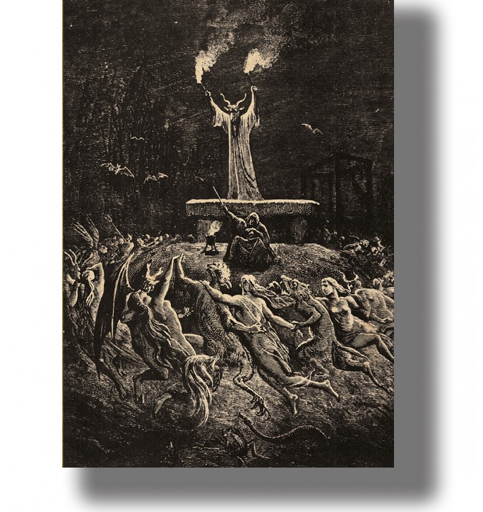 Old illustration showing a goat presiding over a witches’ sabbath with dancing witches, torches, bats, and demons.