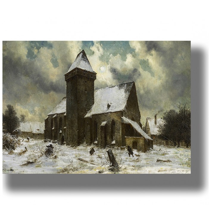 A winter landscape painting with a stone church, snowy ground, gravestones in front, and village houses under a cloudy sky.