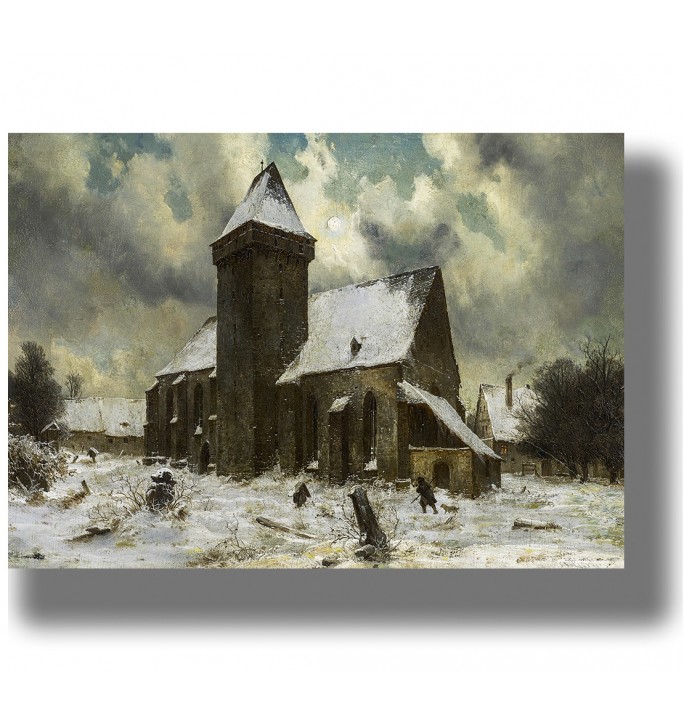 A winter landscape painting with a stone church, snowy ground, gravestones in front, and village houses under a cloudy sky.