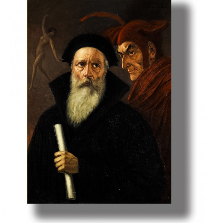 Portrait of Faust in a black robe holding a scroll, with Mephistopheles in red behind him in a dark dramatic scene.