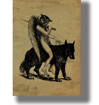 Old occult illustration showing Andras as a winged figure with an owl head riding a black wolf.