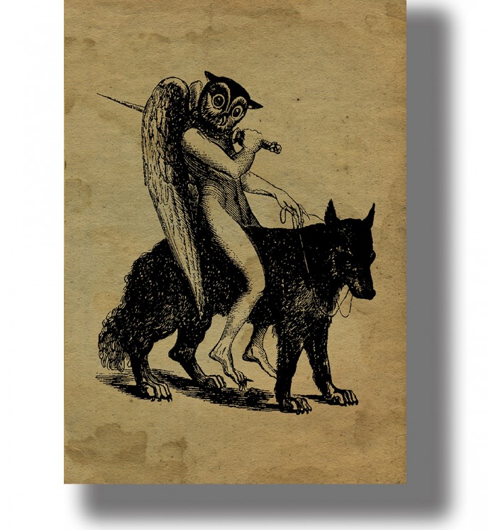 Old occult illustration showing Andras as a winged figure with an owl head riding a black wolf.