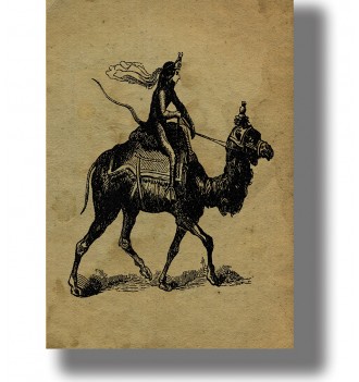 Old illustration of King Paimon riding a one-humped camel from the Infernal Dictionary.