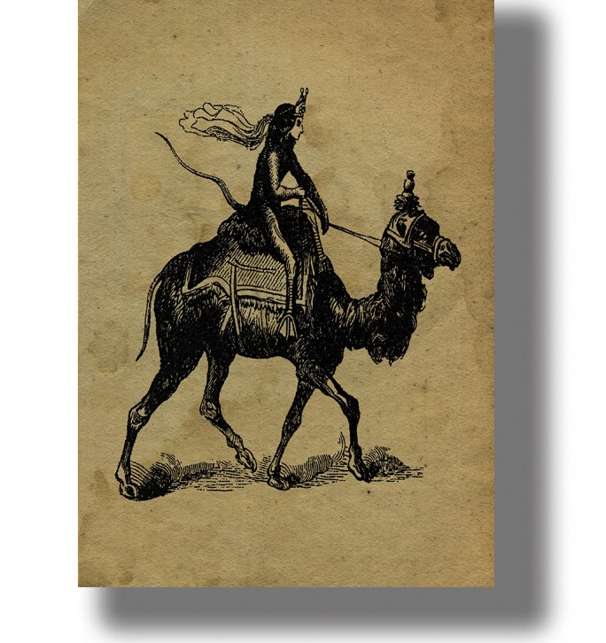 Old illustration of King Paimon riding a one-humped camel from the Infernal Dictionary.