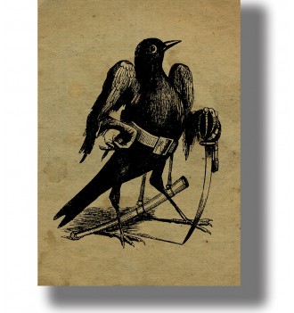Old occult illustration showing Caim or Camio as a black bird-like demon holding weapons.