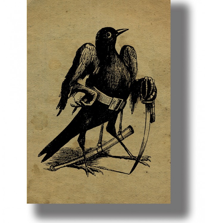 Old occult illustration showing Caim or Camio as a black bird-like demon holding weapons.