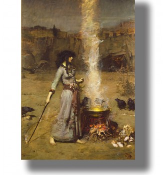 Painting of a woman standing beside a smoking cauldron and drawing a magic circle with a wand.