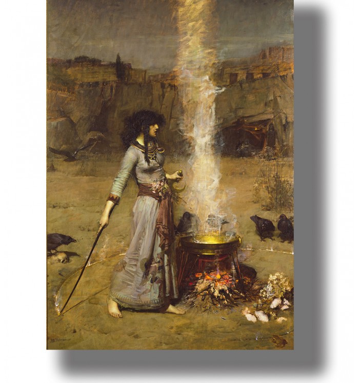 Painting of a woman standing beside a smoking cauldron and drawing a magic circle with a wand.