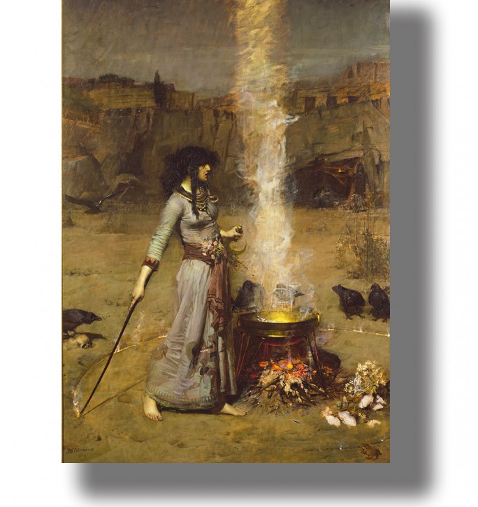 Painting of a woman standing beside a smoking cauldron and drawing a magic circle with a wand.