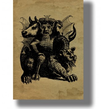 Old illustration of King Asmodeus with three heads, wings, a snake tail, and animal legs.