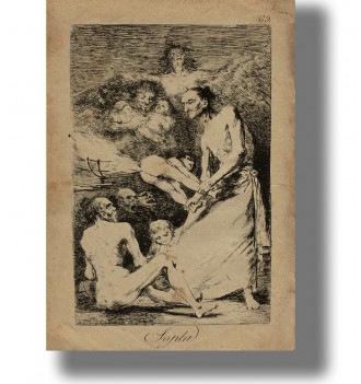 Old etching by Francisco Goya showing a dark witchcraft scene with strange figures and a child.