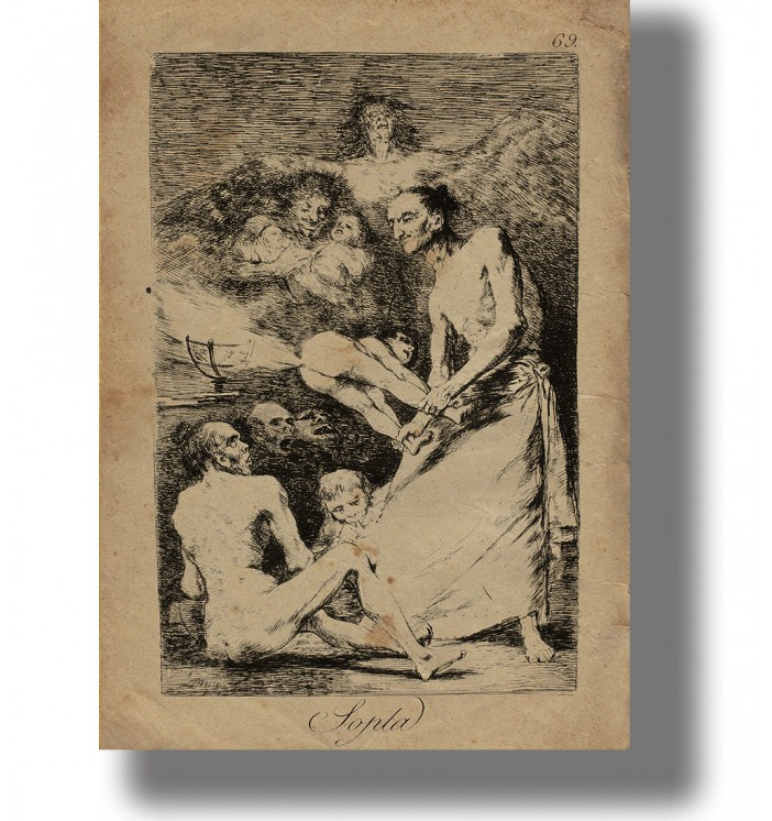 Old etching by Francisco Goya showing a dark witchcraft scene with strange figures and a child.