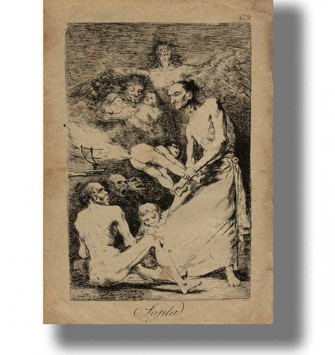 Old etching by Francisco Goya showing a dark witchcraft scene with strange figures and a child.