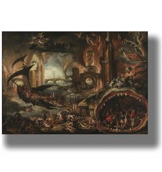 Dark hell scene showing demons, sinners, and a giant mouth of hell in a ruined landscape.