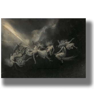 Dark painting of witches flying and falling in the sky after being struck by lightning.