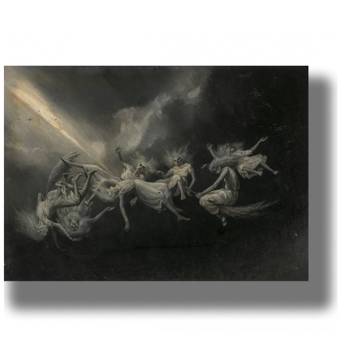 Dark painting of witches flying and falling in the sky after being struck by lightning.