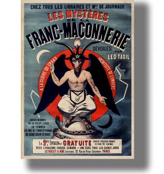 Vintage Baphomet poster with goat horns, black wings, Masonic apron, crescent moons, and French Freemasonry text.