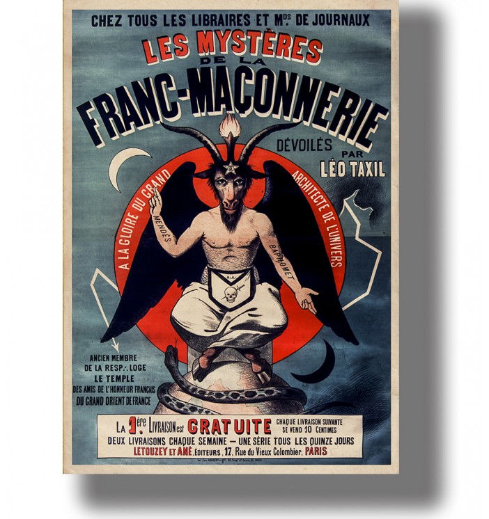 Vintage Baphomet poster with goat horns, black wings, Masonic apron, crescent moons, and French Freemasonry text.