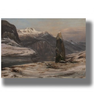 Winter fjord scene with snow-covered mountains, a quiet shoreline, and a large stone pillar near the water.