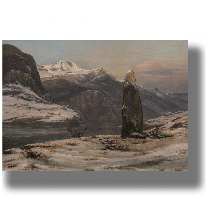 Winter fjord scene with snow-covered mountains, a quiet shoreline, and a large stone pillar near the water.
