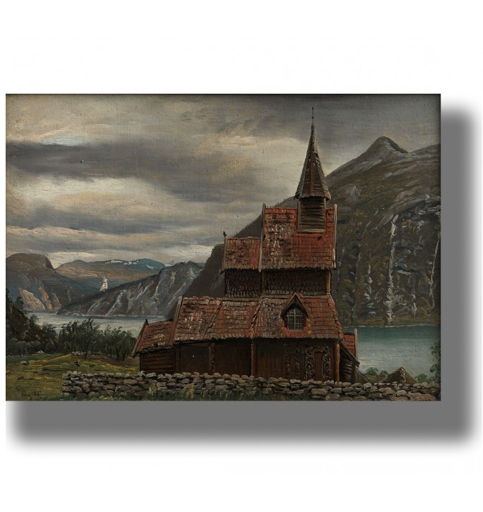 Wooden stave church with a tall spire by a fjord, mountains in the background, under a cloudy sky.