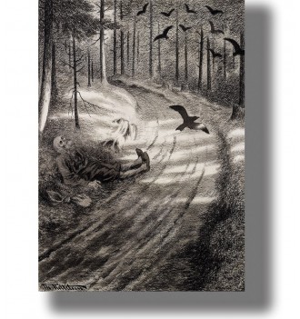 Dark drawing of a dead pauper lying beside a forest road while black birds fly overhead.