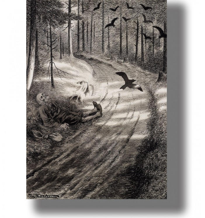 Dark drawing of a dead pauper lying beside a forest road while black birds fly overhead.