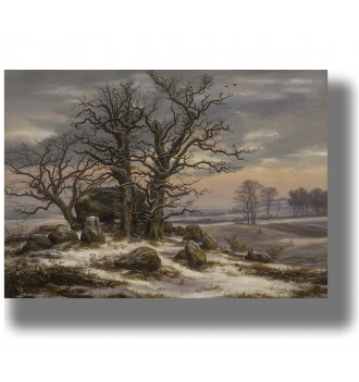 Winter landscape with bare trees, large stones, and open fields under a cloudy sky.