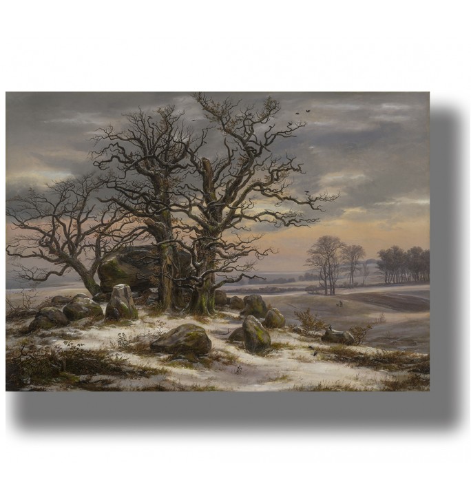 Winter landscape with bare trees, large stones, and open fields under a cloudy sky.