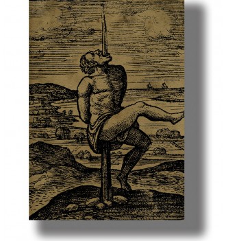 Antique-style medieval illustration of a man impaled on a stake in a dark historical landscape